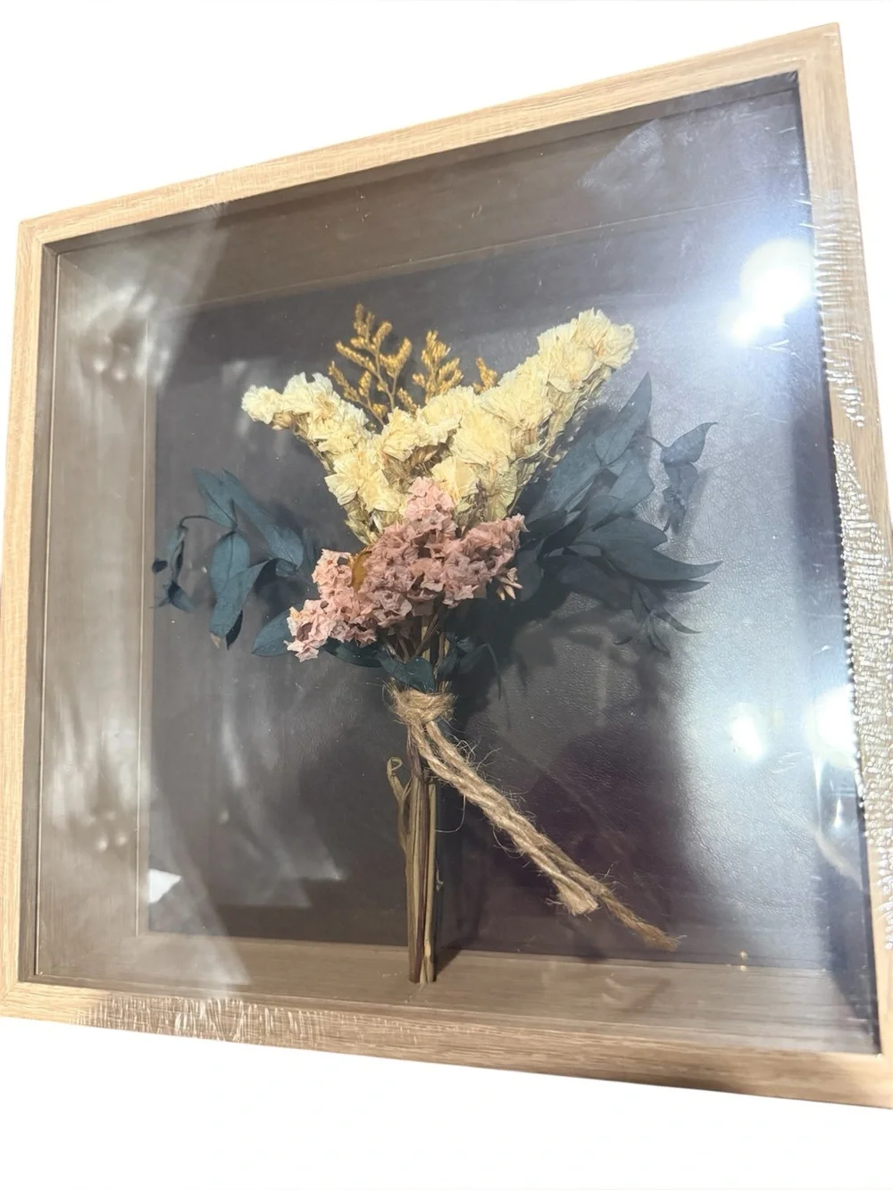 Framed Dried Flower Shadow Box - Natural Wood with Cream, Pink & Teal Flowers